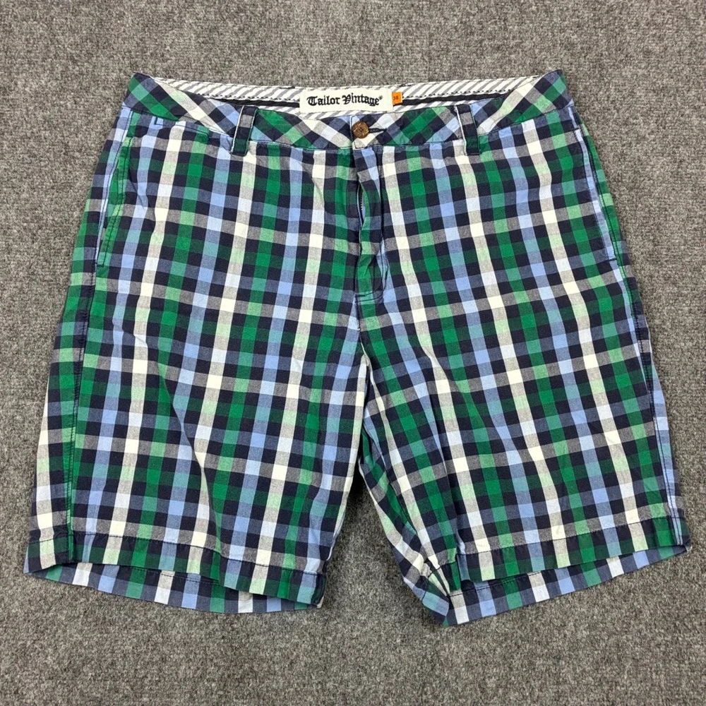 Tailor Vintage Mens W38 Gingham Plaid Shorts Green Blue Cotton Flat Front